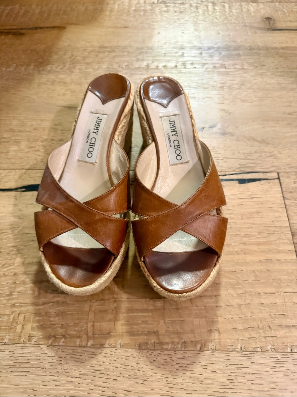 Jimmy Choo Brown Leather Crisscross Espadrille Wedge Sandals size 7 (37)